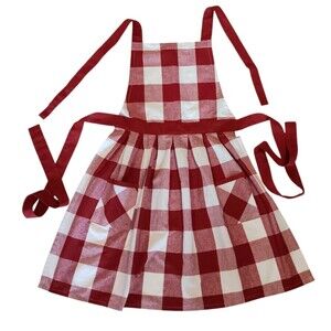 Red & White Check Plaid Bib Apron W/ Gold Thread Two Pockets Holiday Xmas 16x33
